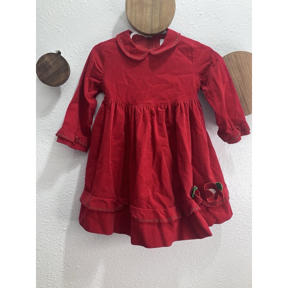 VTG Girls Florence Eiseman Corduroy Red Winter Dress 2T Flowers Red Green